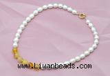 CFN405 9-10mm rice white freshwater pearl & yellow banded agate necklace