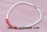 CFN406 9-10mm rice white freshwater pearl & red banded agate necklace