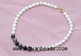 CFN408 9-10mm rice white freshwater pearl & black banded agate necklace