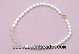 CFN414 9 - 10mm rice white freshwater pearl & rose quartz necklace