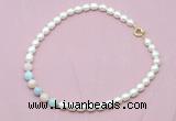 CFN415 9 - 10mm rice white freshwater pearl & morganite necklace