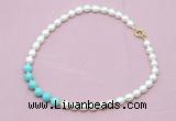 CFN422 9 - 10mm rice white freshwater pearl & blue howlite necklace wholesale