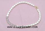 CFN431 9 - 10mm rice white freshwater pearl & white crystal necklace