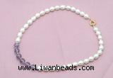 CFN432 9 - 10mm rice white freshwater pearl & amethyst gemstone necklace