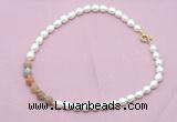 CFN437 9 - 10mm rice white freshwater pearl & rainbow moonstone necklace