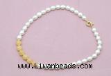 CFN442 9 - 10mm rice white freshwater pearl & honey jade necklace