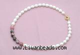 CFN445 9 - 10mm rice white freshwater pearl & rhodonite gemstone necklace