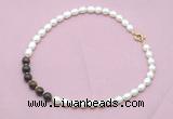 CFN446 9 - 10mm rice white freshwater pearl & bronzite gemstone necklace