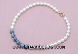 CFN450 9 - 10mm rice white freshwater pearl & blue spot stone necklace