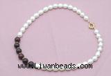 CFN454 9 - 10mm rice white freshwater pearl & brecciated jasper necklace