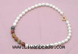 CFN460 9 - 10mm rice white freshwater pearl & picasso jasper necklace