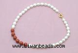 CFN461 9 - 10mm rice white freshwater pearl & red jasper gemstone necklace