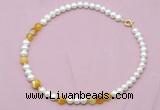 CFN522 9mm - 10mm potato white freshwater pearl & yellow banded agate necklace