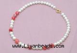 CFN523 9mm - 10mm potato white freshwater pearl & red banded agate necklace