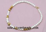 CFN526 9mm - 10mm potato white freshwater pearl & golden tiger eye necklace