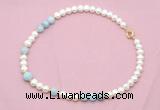 CFN535 9mm - 10mm potato white freshwater pearl & aquamarine necklace