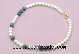 CFN539 9mm - 10mm potato white freshwater pearl & snowflake obsidian necklace