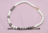 CFN543 9mm - 10mm potato white freshwater pearl & grey agate necklace