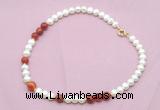 CFN544 9mm - 10mm potato white freshwater pearl & red banded agate necklace