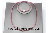 CFN642 4mm faceted round pink wooden jasper & potato white freshwater pearl jewelry set