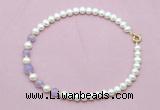 CFN705 9mm - 10mm potato white freshwater pearl & lavender amethyst necklace