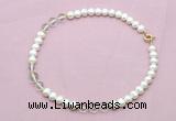 CFN710 9mm - 10mm potato white freshwater pearl & white crystal necklace