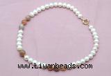 CFN719 9mm - 10mm potato white freshwater pearl & rainbow moonstone necklace