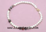 CFN735 9mm - 10mm potato white freshwater pearl & botswana agate necklace