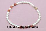 CFN737 9mm - 10mm potato white freshwater pearl & fire agate necklace