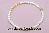 CFN740 9mm - 10mm potato white freshwater pearl & honey jade necklace