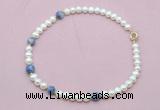 CFN742 9mm - 10mm potato white freshwater pearl & blue spot stone necklace