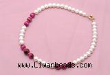 CFN767 9mm - 10mm potato white freshwater pearl & red tiger eye necklace