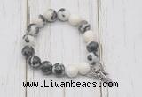 CGB6884 10mm, 12mm black & white jasper beaded bracelet with alloy pendant