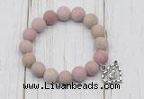 CGB6900 10mm, 12mm matte pink wooden jasper beaded bracelet with alloy pendant