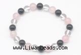 CGB8004 8mm black agate, white crystal & rose quartz beaded stretchy bracelets