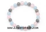 CGB8006 8mm aquamarine, labradorite & rose quartz beaded stretchy bracelets