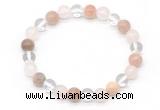 CGB8008 8mm white crystal, rose quartz & sunstone beaded stretchy bracelets