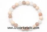 CGB8015 8mm white jade, white fossil jasper & sunstone beaded stretchy bracelets