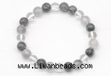 CGB8022 8mm white crystal, cloudy quartz & black labradorite beaded stretchy bracelets