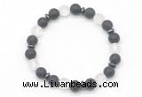 CGB8144 8mm matte black agate, white crystal & hematite power beads bracelet