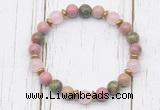 CGB8445 8mm pink wooden jasper, unakite, rose quartz & hematite power beads bracelet