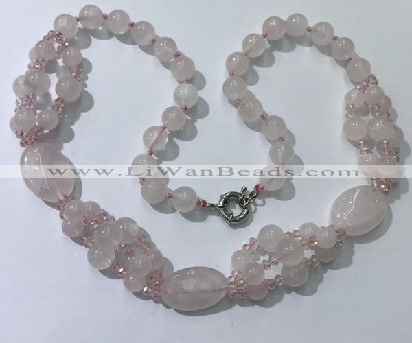 CGN290 24.5 inches chinese crystal & rose quartz beaded necklaces