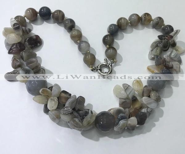 CGN378 19.5 inches round & chips grey agate beaded necklaces