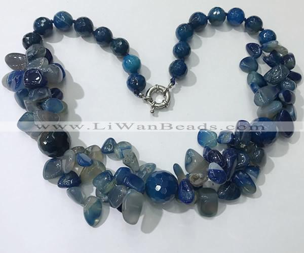 CGN379 19.5 inches round & chips blue agate beaded necklaces