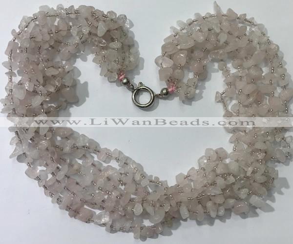 CGN746 19.5 inches stylish 8 rows rose quartz chips necklaces