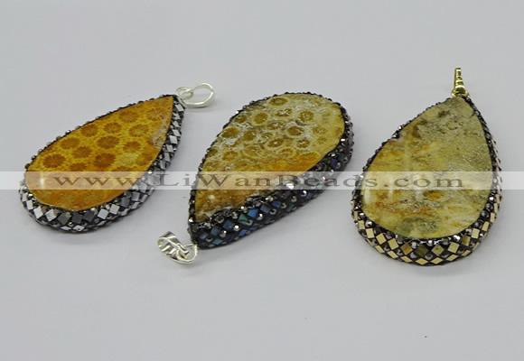 CGP3419 30*50mm - 35*55mm flat teardrop fossil coral pendants