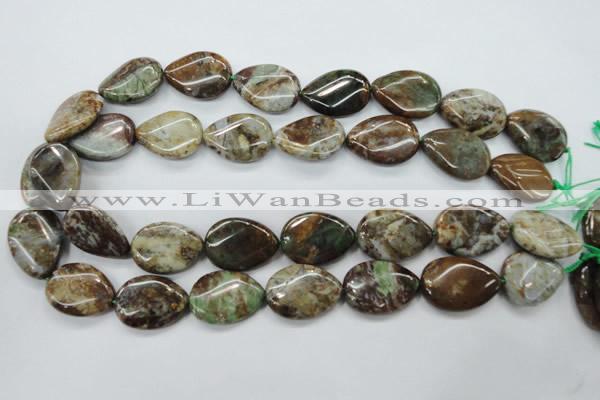 CJA33 15.5 inches 18*25mm twisted flat teardrop green jasper beads