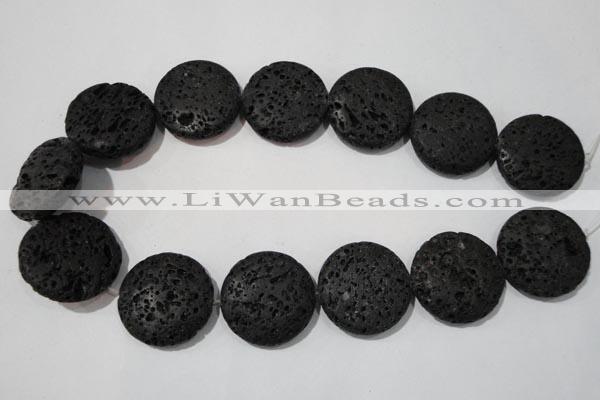 CLV502 15.5 inches 30mm flat round black lava beads wholesale