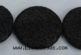 CLV51 15.5 inches 32mm flat round black natural lava beads wholesale