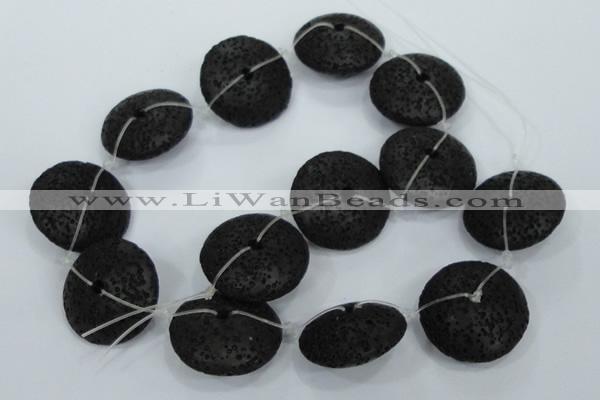 CLV54 15.5  inches 12*26mm flat round black natural lava beads wholesale